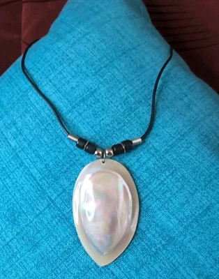 Large Natural Mother-of-Pearl Pendant on a Wire Necklace w/Black & Silver Beads - Image 1 of 4