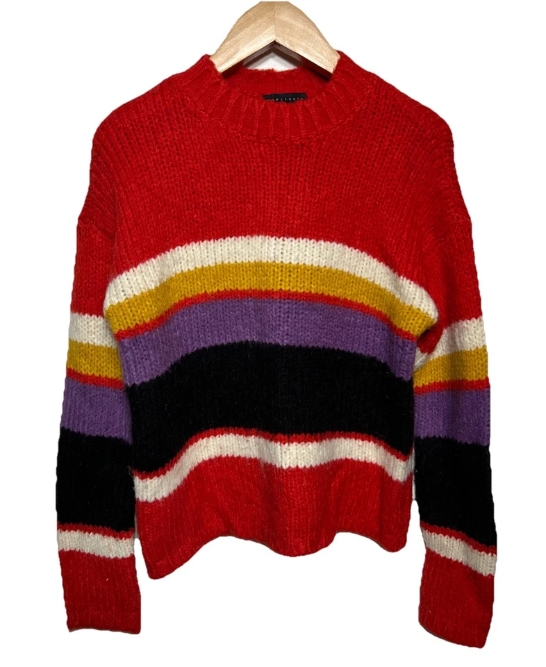 Sanctuary Oversized Wool Blend Knit Sweater Red Purple Black Yellow Stripe Sz XS - Image 1 of 4