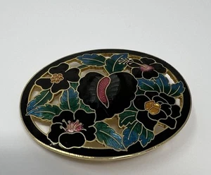 Vintage 1980’s Cloisenee Belt Buckle Black With Floral Design - Picture 1 of 4