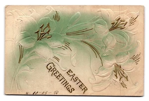 Vintage Easter Greetings Embossed Postcard Lilies 1909 Antique Floral - Picture 1 of 2