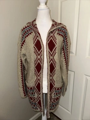 Lucky Brand Cardigan Women Size Medium Beige Red Aztec Western Hoodie Open Front - Image 1 of 4