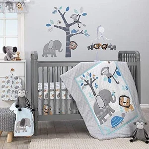 Bedtime Originals Jungle Fun 3-Piece Crib Bedding Set, Blue/Gray - Picture 1 of 5