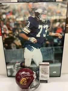 Minnesota Vikings HOF Ron Yary firmato USC mini casco auto 16x20 foto JSA - Foto 1 di 5