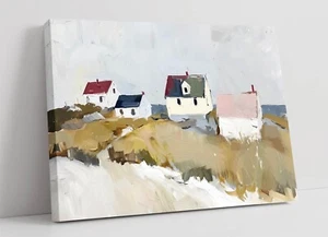 MINIMALIST OIL PAINTING OF COSTAL HOUSES -FRAMED CANVAS WALL ART PICTURE PRINT - Picture 1 of 2