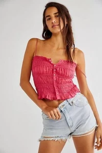Free People One Smocked Hot Pink Crop Top Tube Button Size S NEW - Picture 1 of 1