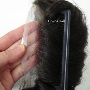 French Lace front with Skin Toupee Hair Replacement System Mens Hairpieces #1B - Picture 1 of 7
