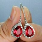 4Ct Pear Cut Simulated Red Ruby Drop Dangle Halo Earrings 14K White Gold Plated