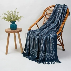 Indigo Blue Hand Block Printed Throw Handloom Indian Sofa Couch Cover Blanket - Picture 1 of 3