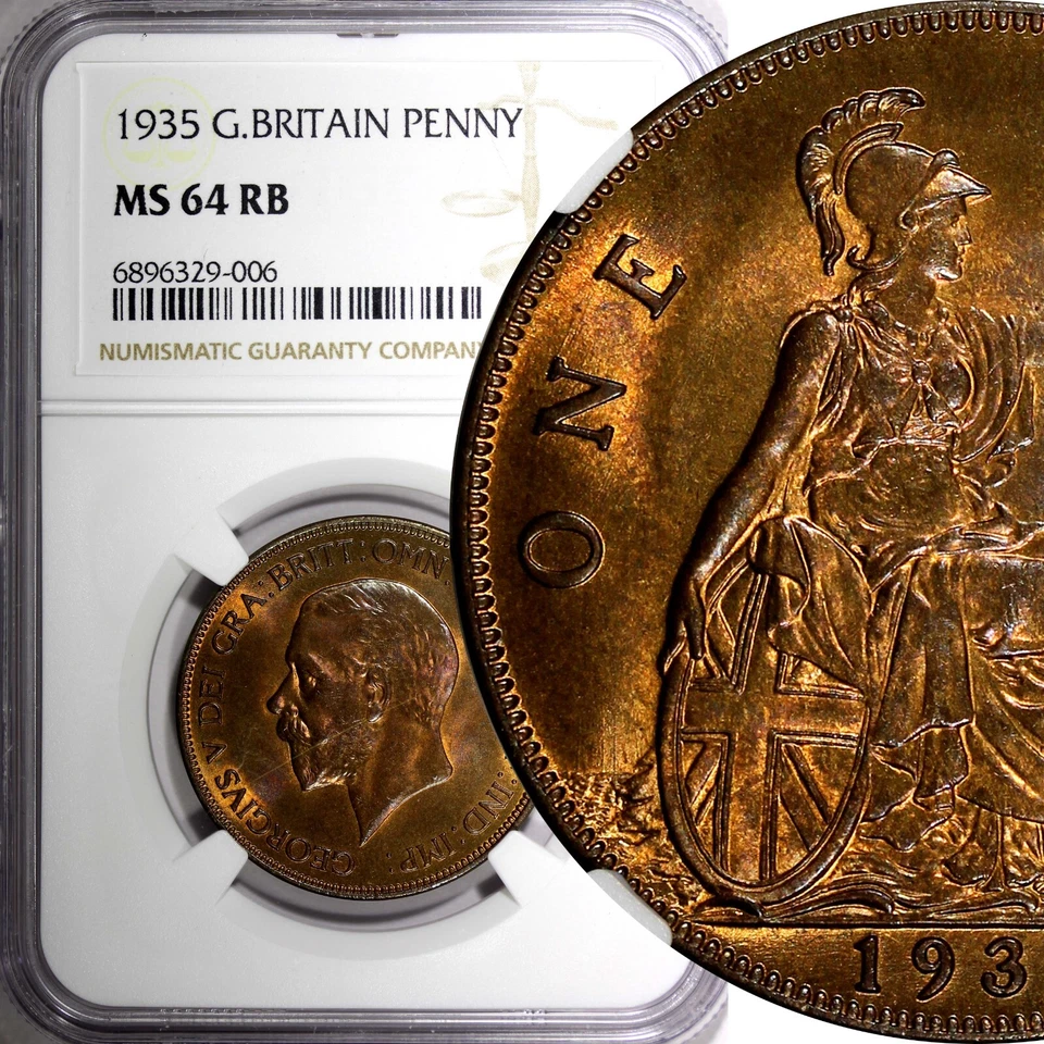 GREAT BRITAIN George V Bronze 1935 1 Penny NGC MS64 RB NICE TONING KM# 838 (06) - Image 1 of 4