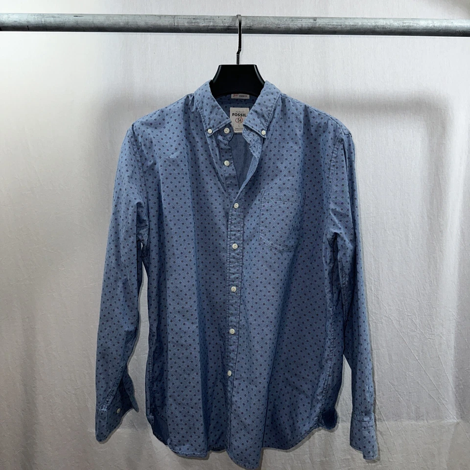 Fossil 54 Button Down Mens Shirt Size L circle dot pattern Classic fit blue - Image 1 of 4