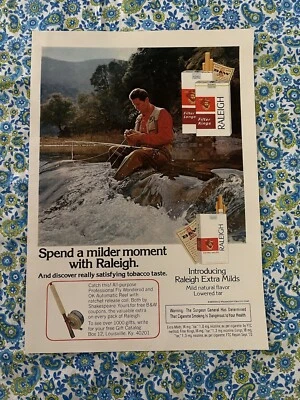 Anuncio impreso vintage de cigarrillos Raleigh 1974 oferta de pesca con mosca Foto 1 de 4