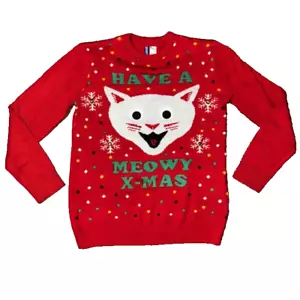 Divided by H & M Men's Christmas Ugly Sweater Have a Meowy Xmas Cat Face Small - Picture 1 of 5