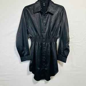 Windsor Women's Black Satin Mini Dress Size XS Long Sleeve Ruched Waistband - Picture 1 of 3