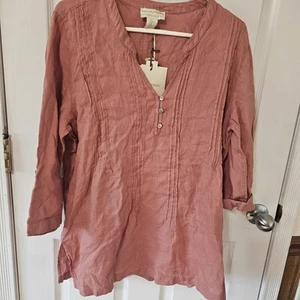 Top blusa Cynthia Rowley 100% lino nuovo con etichetta 1/4 bottoni maniche a rullo taglia XL rosso? - Foto 1 di 13