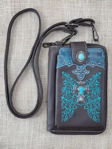 American Bling Cross Body Embroidered Wallet Phone Holder Purse Leather - Picture 1 of 4