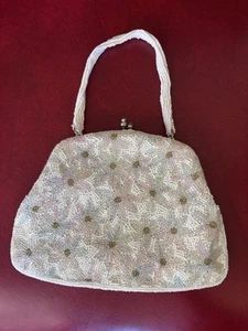 Vintage Bag Clutch Evening Purse Handbag Formal White Seed Bead Floral Pink Blue - Bild 1 von 14