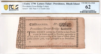 1790 Rhode Island Providence Great-Bridge Lottery Ticket 1 Entry PCGS 62 UNC - Image 1 of 4