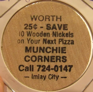 Vintage Munchie Corners Imlay City, MI Wooden Nickel - Token Michigan Mich. - Picture 1 of 2