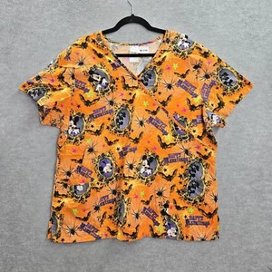 Disney Women Scrub Top 2X Orange Black Graphic Print Mickey Mouse Halloween - Picture 1 of 7