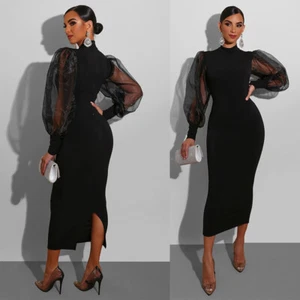 Elegante Vestido de Fiesta Para Mujer Cuello Alto Transparente Manga Abullonada Abertura Bodycon Midi Vestido - Imagen 1 de 13