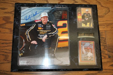 Rusty Wallace Autographed Photo and plaque with racing cards Nascar Racing Cover
