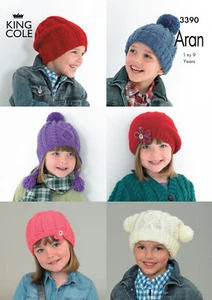 King Cole Pattern Children's 6 Hat Designs Knitted in Comfort Aran 3390 - Picture 1 of 2