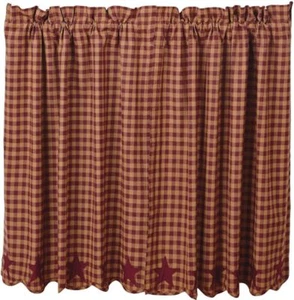 Borgoña Estrella Parche Country Café Cortinas Ventana Nivel Conjunto Rojo y Tostado Cuadros 36"L - Imagen 1 de 4