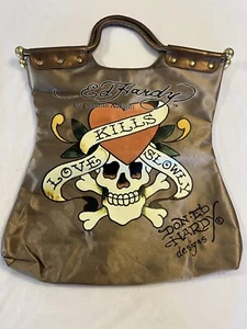 Vintage Ed Hardy Love Kills Slowly Brown/Gold Skull Heart Tote Bag Retro 90s Y2k - Picture 1 of 10