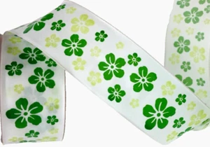 Green Flowers 1.5" by 2 yards White Wired Ribbon Spring St. Patrick's Day - Picture 1 of 4