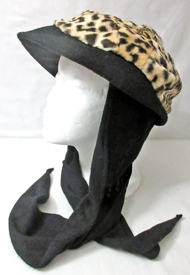 Vintage Women's Winter Hat Faux Leopard Fur Black Scarf Ties M/L 22" Unbranded - Image 1 of 4