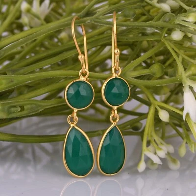 Длинные зеленые висячие серьги с ониксом позолоченные драгоценные камни ювелирные изделия для особых случаев - Изображение 1 из 4