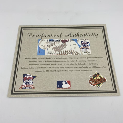 Cal Ripken Jr 3000 Hit Twins v Orioles Ticket April 15, 2000- Seat 4 Row 27 Cover