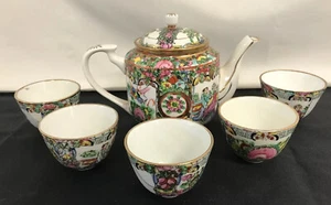 Antique Asian Dinnerware/Rose Medallion Teapot & 5 Cups - Picture 1 of 12
