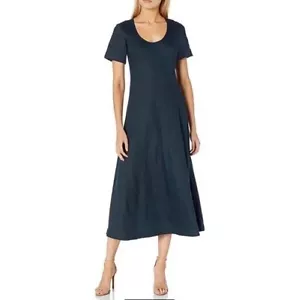 Club Monaco | Linen Blend Short Sleeve Round Neck Midi Shift Dress Blue Size 8 - Picture 1 of 10