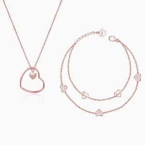 925 Sterling Silver Rose Gold Plated Love Bracelet and Heart Pendant - Picture 1 of 5