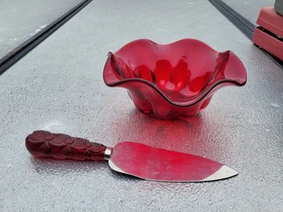 lot of 4 Vintage Anchor Hocking Ruby  Red  wine Glass Ivy Ball Vall Rose Bowl - Image 1 of 2