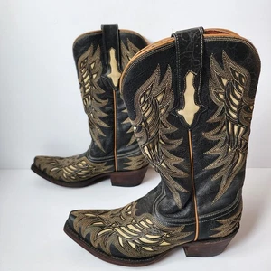 Lucchese Western Boots Womens Size 6B Hillsboro Lazer Design Snip Toe Black - Picture 1 of 14