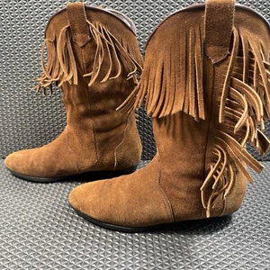 Vtg 1990s Fringe Leather Suede Brown Boots Size 6.5 A’s Classic Cowboy Western - Picture 1 of 14
