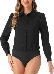 Allegra K Leotard Shirt for Women's Collared Business Casual XS Black - Picture 1 of 5