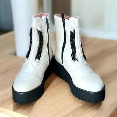 All Black NWB EU 36 twin black chain cream chunky moto ankle boots - Image 1 of 4