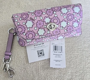 Coach Sonnenbrillenetui Blumendruck Silber Lilie Multi Lila Leder mit Clip Neu mit Etikett - Bild 1 von 7