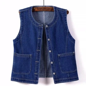 NEW Woman Girl Sleeveless Blue Jeans Denim Mini Vest Tops Big Size Round Collar - Picture 1 of 8