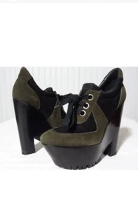 BURBERRY PRORSUM Dark Green & Black Leather Lace-Up Platform Wedge  37.5 - Picture 1 of 12