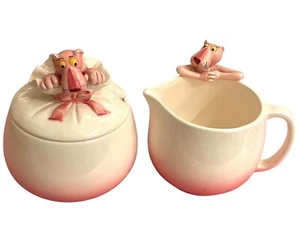 Vintage 1981 Pink Panther Sugar Bowl And Creamer Royal Orleans porcelain Japan - Picture 1 of 15