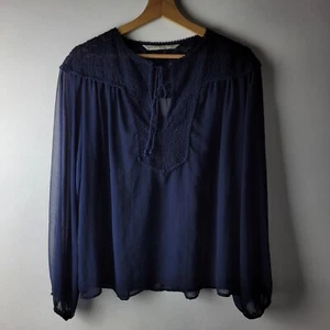 Zara Women Size M Navy Blue Lace Boxy Blouse Tie Neck Casual Smart Winter Boho - Picture 1 of 10