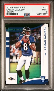 2018 Panini Rookies & Stars Lamar Jackson ROOKIE RC #112, GREEN, PSA 9 POP 7 - Bild 1 von 2