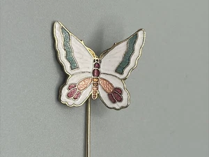 Vintage Cloisonne Enameled Butterfly Lapel pin White Aqua Mauve Gold-tone Trim - Picture 1 of 5