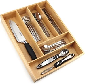 Bamboo Silverware Flatware Tray Drawer Kitchen Cutlery Organizer Storage 6-Slots - Picture 1 of 9
