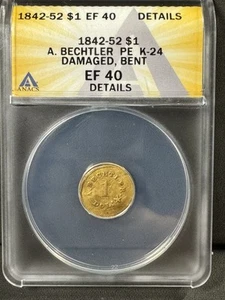 1842–52 A. Bechtler $1 Gold ANACS EF40 Details K-24 Damaged Bent Carolina Gold - Picture 1 of 3