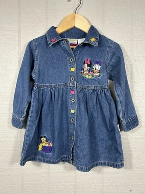 Vintage 90s Disney Baby Denim Dress 2T 24 Month Minnie Daisy Pluto Embroidered - Image 1 of 4